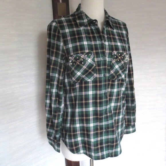 Zara Green Black White Red Plaid Check Long Sleeve Shirt with Silver Studs - Picture 5 of 5